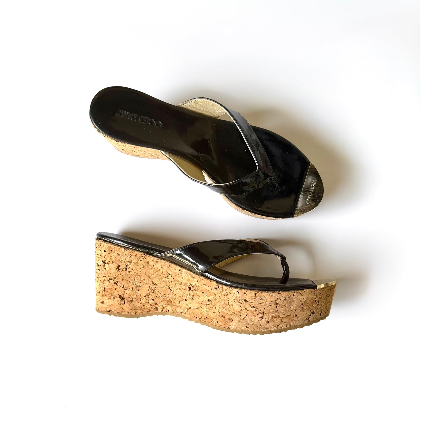 Jimmy Choo Black Patent Leather Cork Wedge Thong Platform Heels (39.5)