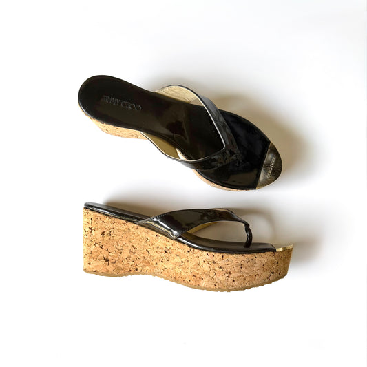 Jimmy Choo Black Patent Leather Cork Wedge Thong Platform Heels (39.5)