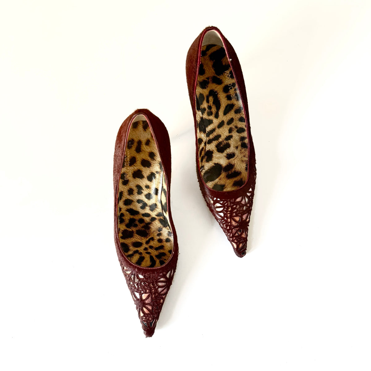 Vintage Roberto Cavalli Burgundy Haircalf Laser-Cut Pointed Toe Kitten Heels (37)