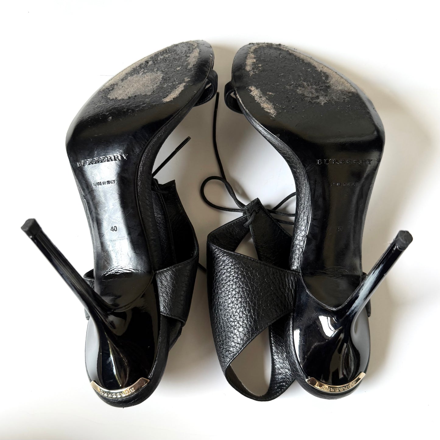 Burberry Black Leather Lace-Up Tie Sandal Heels (40)
