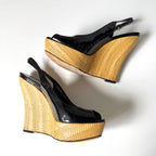 Gucci Black Patent Leather Peep Toe Raffia Platform Wedges (37.5)