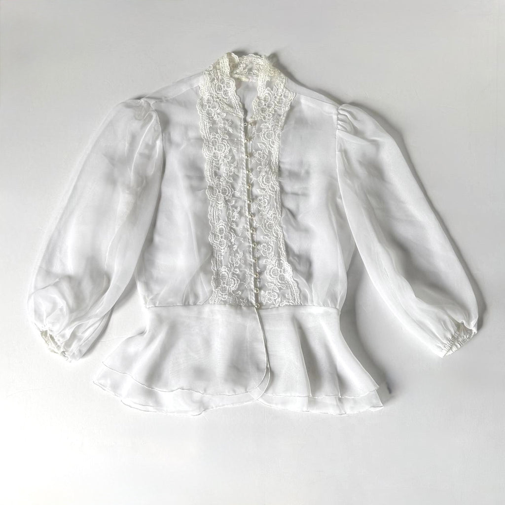 Vintage White Sheer Lace Blouse Peplum Top