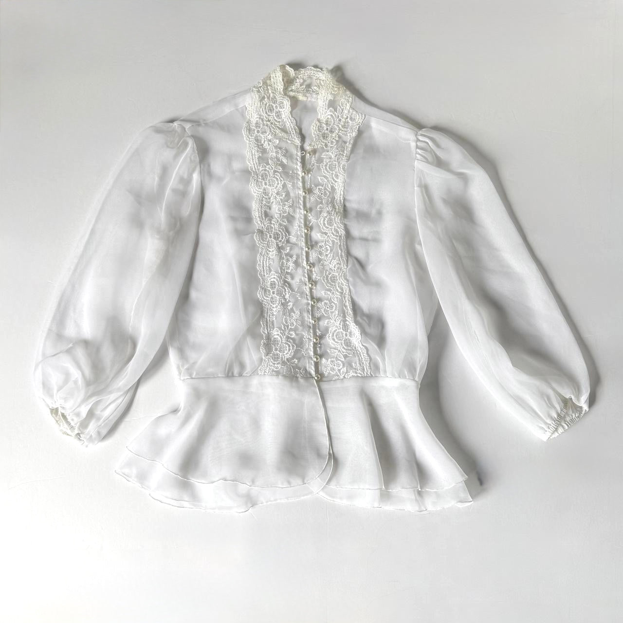 Vintage White Sheer Lace Blouse Peplum Top