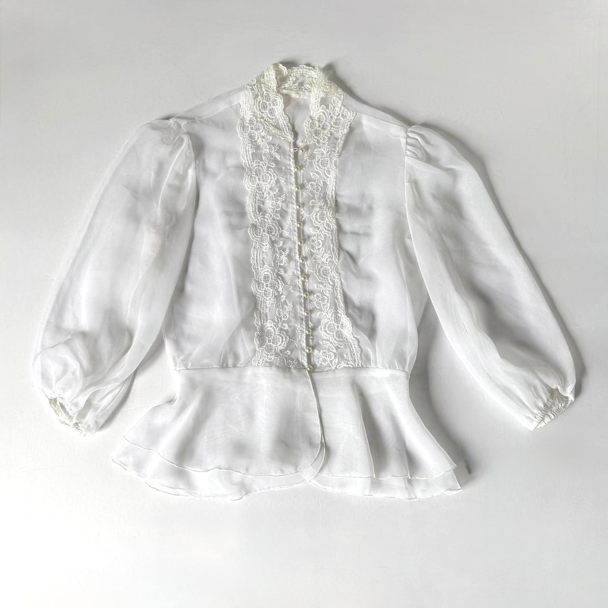 Vintage White Sheer Lace Blouse Peplum Top