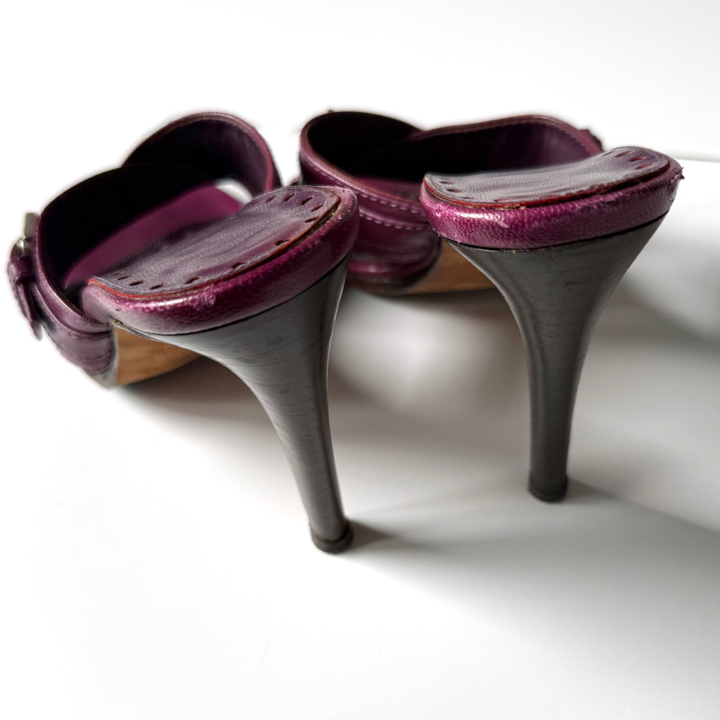 Vintage Yves Saint Laurent Plum Leather Buckle Mule Heels (38)