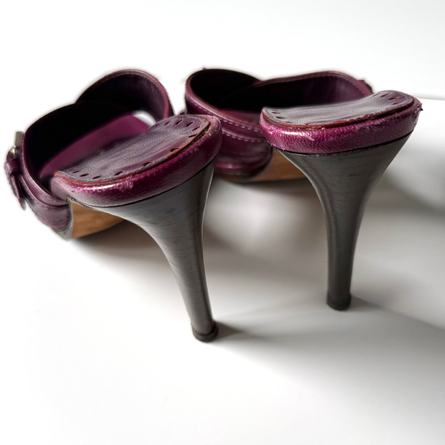 Vintage YSL Plum Leather Buckle Mule Heels (38)