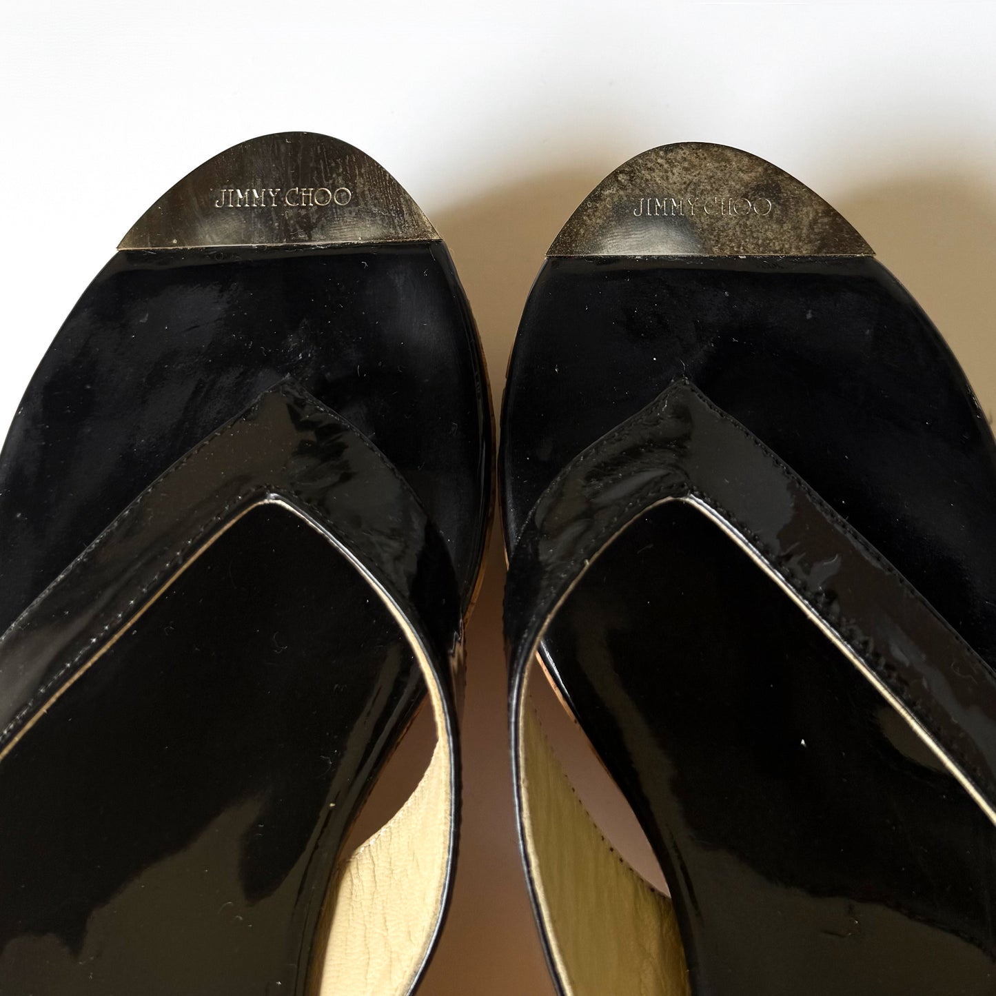 Jimmy Choo Black Patent Leather Cork Wedge Thong Platform Heels (39.5)