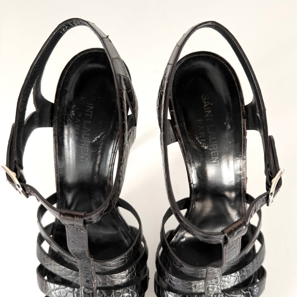 Saint Laurent Paris Black Croc Cage Platform Sandal Heels (39)