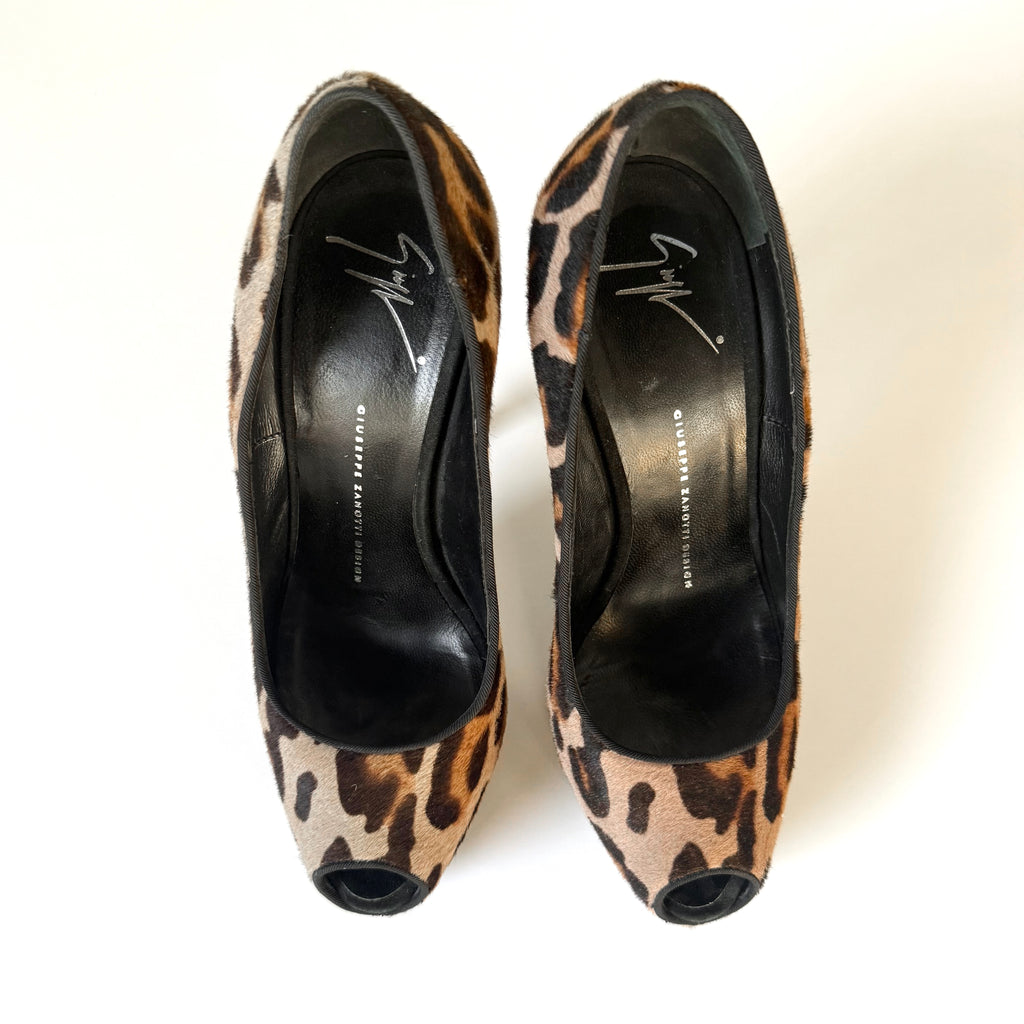 Giuseppe Zanotti Leopard Pony Hair Peep Toe Platform Heels (38.5)