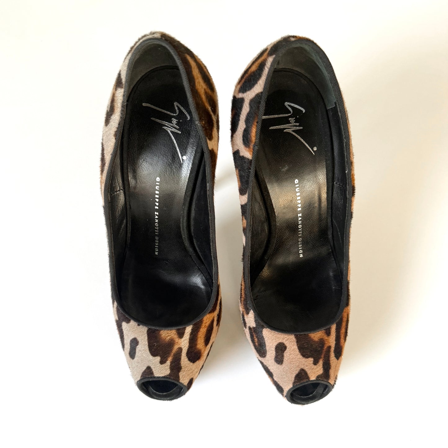 Giuseppe Zanotti Leopard Pony Hair Peep Toe Platform Heels (38.5)