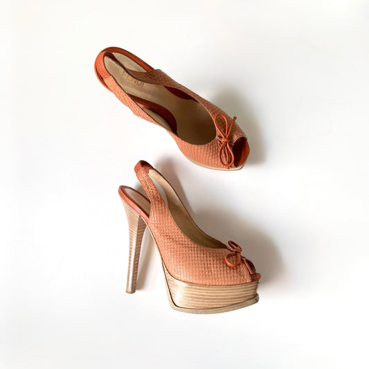 Vintage Fendi Snakeskin Peep Toe Platform Slingback Heels FF Logo Y2K