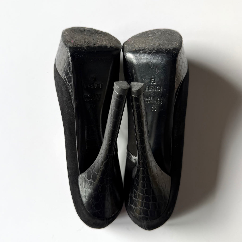 Vintage Fendi Black Suede Mary Jane Platforn Heels (39)