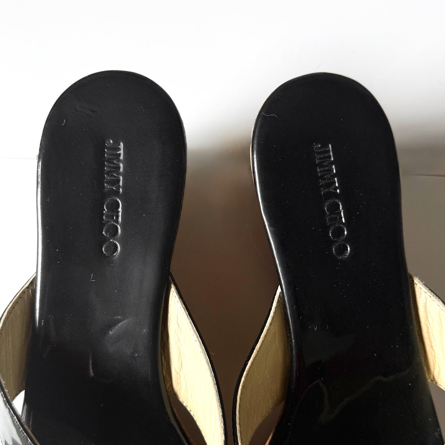 Jimmy Choo Black Patent Leather Cork Wedge Thong Platform Heels (39.5)