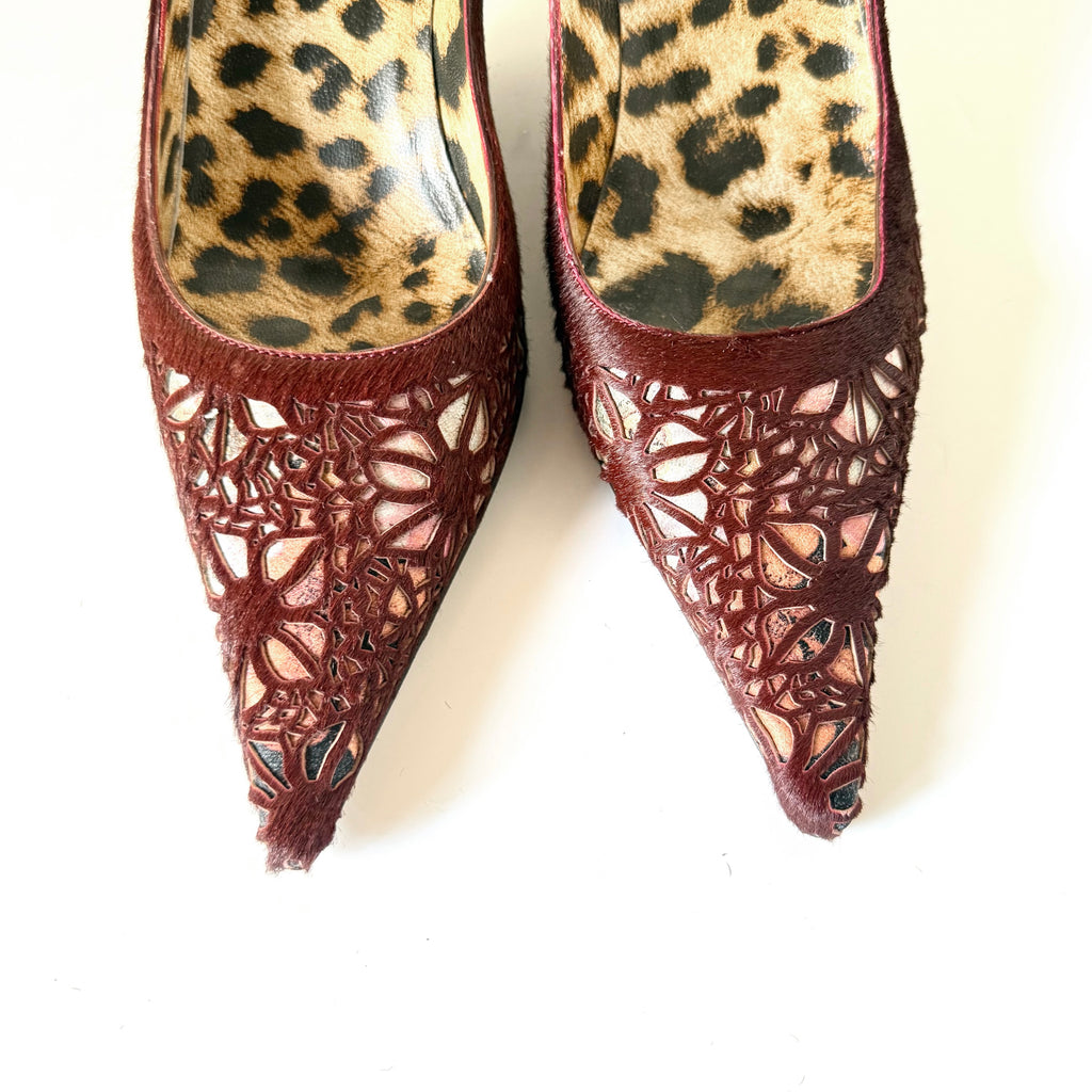 Vintage Roberto Cavalli Burgundy Haircalf Laser-Cut Pointed Toe Kitten Heels (37)