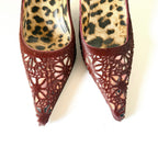 Vintage Roberto Cavalli Burgundy Haircalf Laser-Cut Pointed Toe Kitten Heels (37)