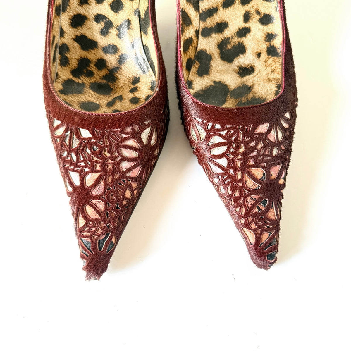 Vintage Roberto Cavalli Burgundy Haircalf Laser-Cut Pointed Toe Kitten Heels (37)