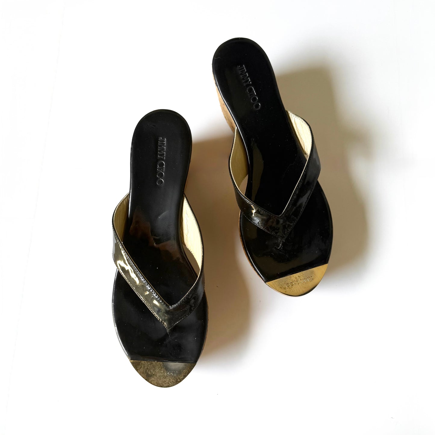 Jimmy Choo Black Patent Leather Cork Wedge Thong Platform Heels (39.5)