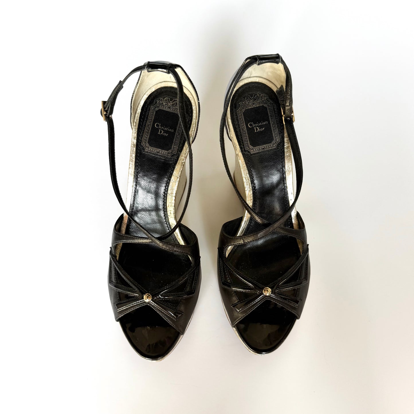 Vintage Christian Dior Black and Silver Platform Wedge Heels (39)