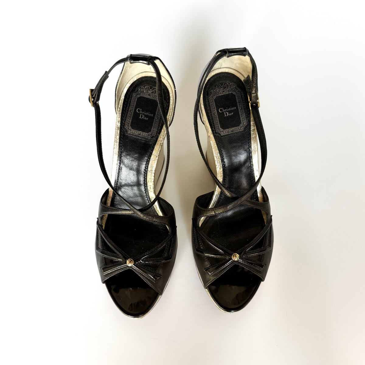 Vintage Christian Dior Black and Silver Platform Wedge Heels (39)