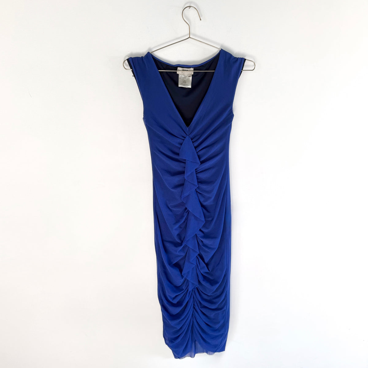 Vintage Fuzzi Ruched Ruffle Mesh Midi Dress Y2K Made in Italy