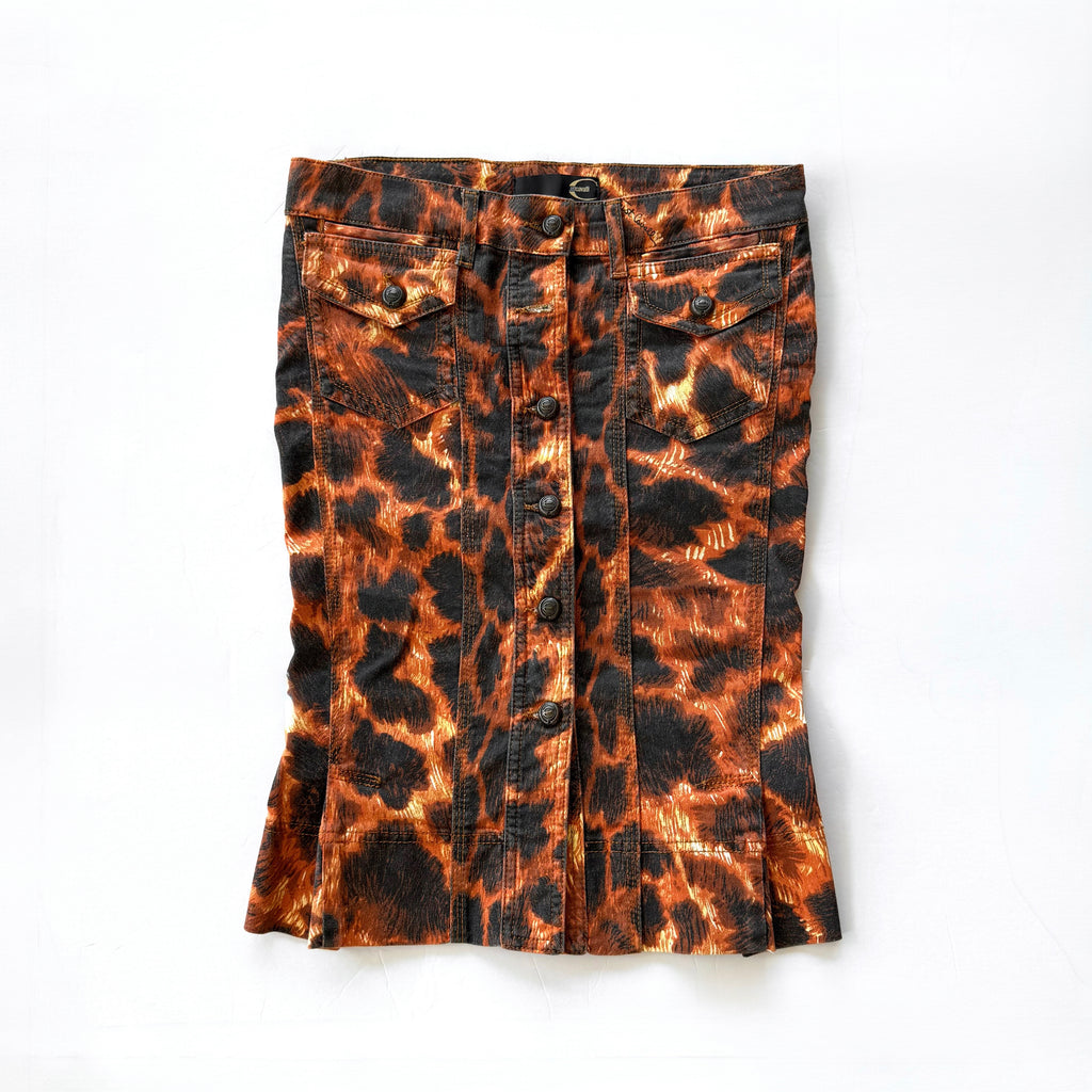 Vintage Just Cavalli Leopard Print Denim Midi Skirt