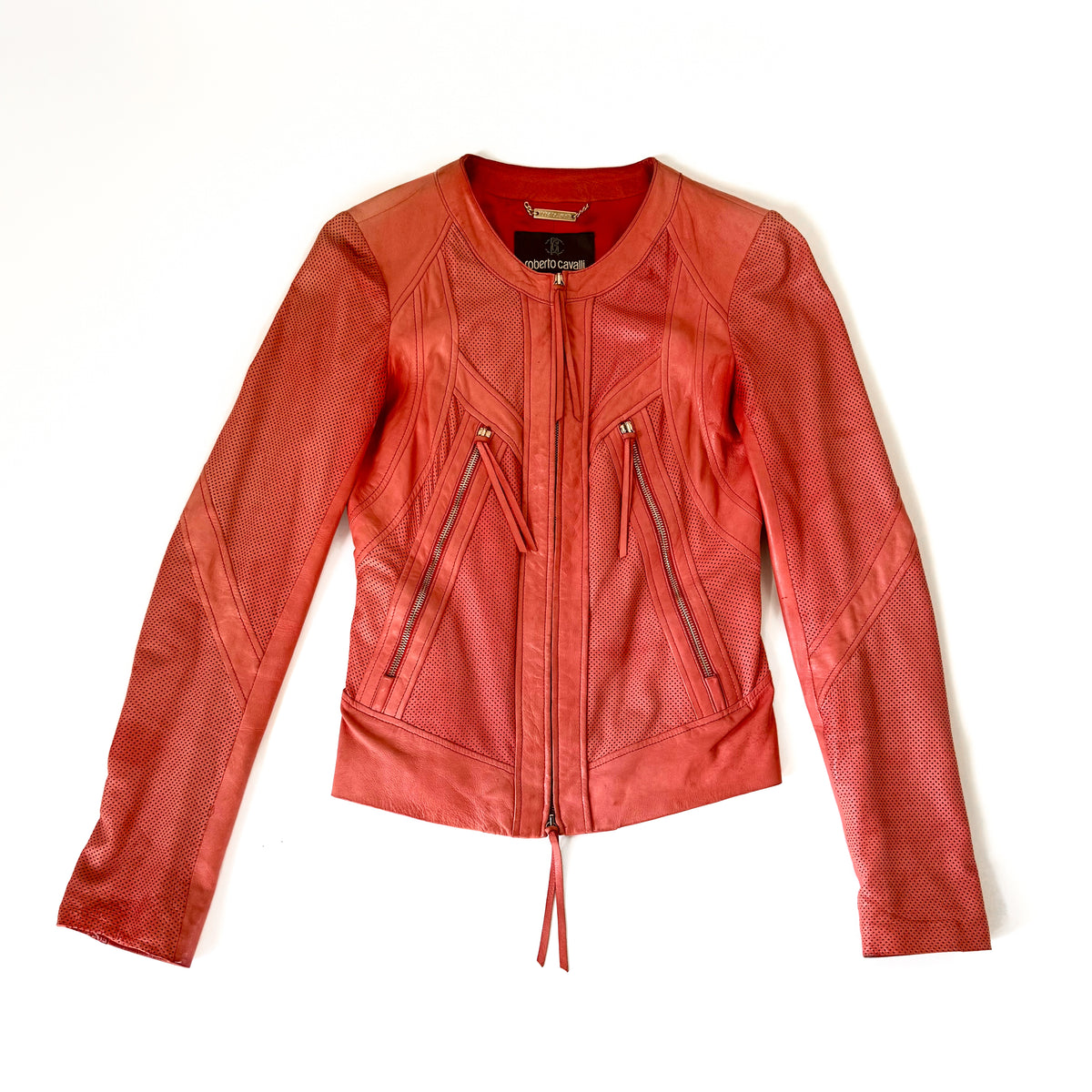 Roberto Cavalli Red Perforated Leather Jacket