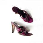 Vintage Yves Saint Laurent Plum Leather Buckle Mule Heels (38)