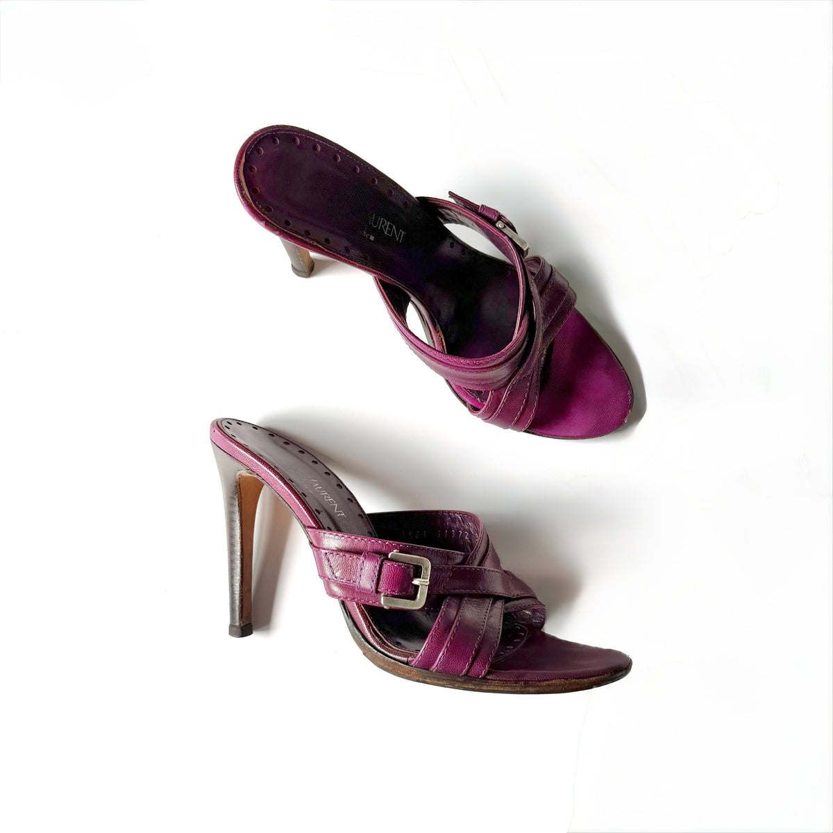 Vintage YSL Plum Leather Buckle Mule Heels (38)