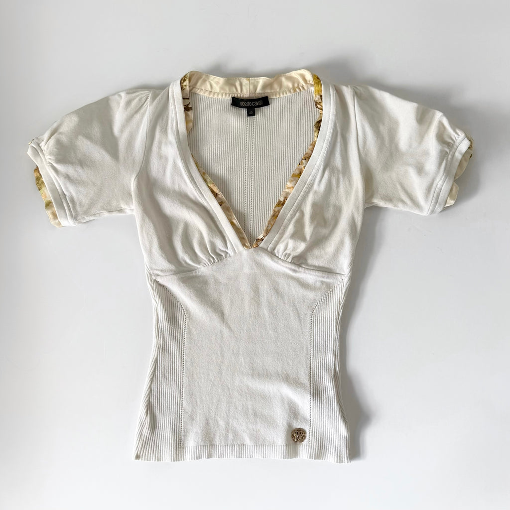 Vintage 2000s Roberto Cavalli White Knit V Neck Top