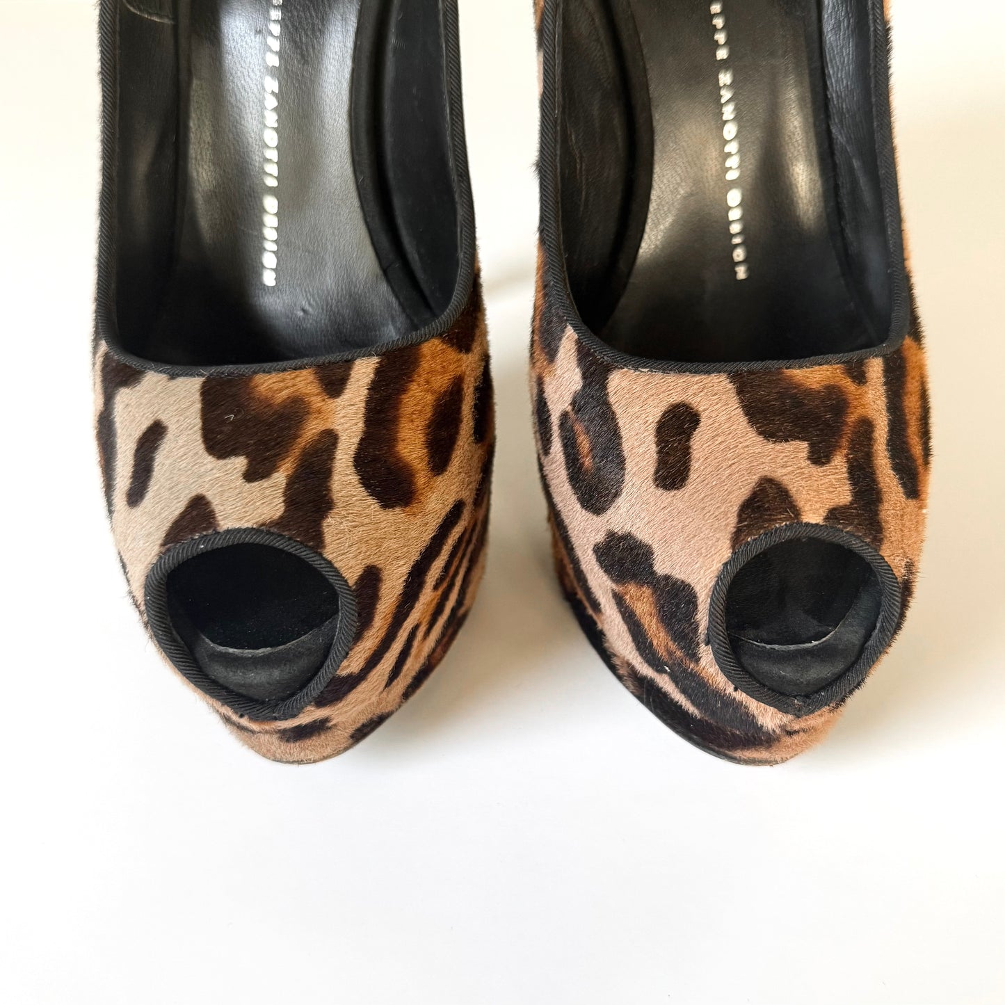Giuseppe Zanotti Leopard Pony Hair Peep Toe Platform Heels (38.5)