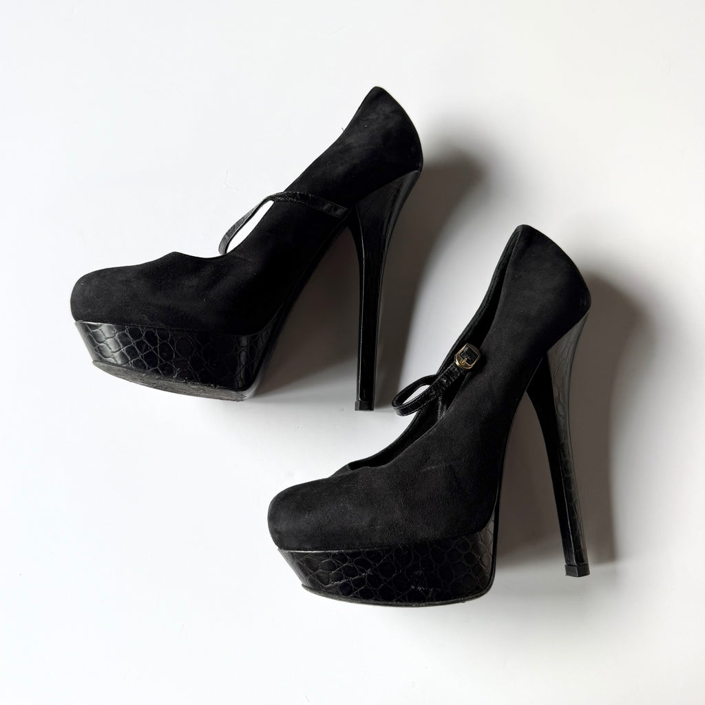 Vintage Fendi Black Suede Mary Jane Platforn Heels (39)