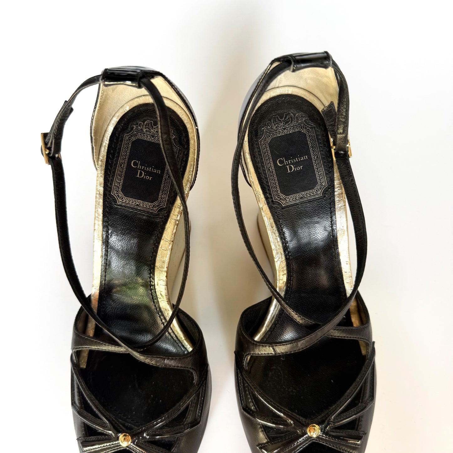 Vintage Christian Dior Black and Silver Platform Wedge Heels (39)