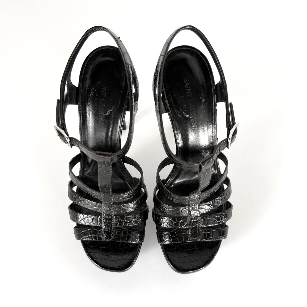 Saint Laurent Paris Black Croc Cage Platform Sandal Heels (39)