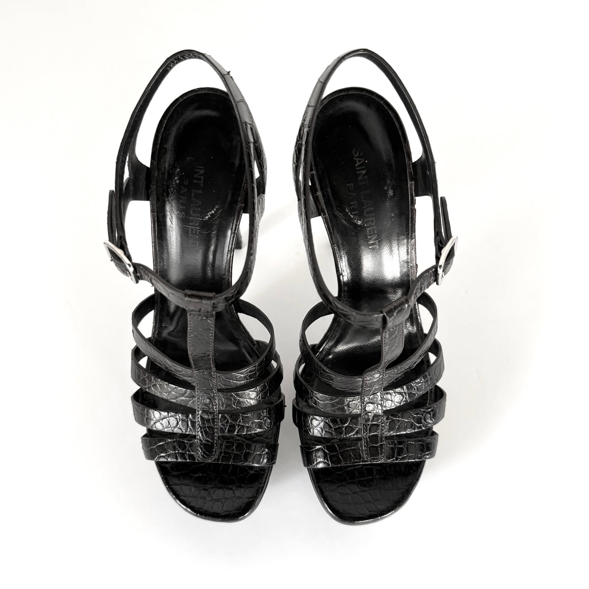 Saint Laurent Paris Black Croc Cage Platform Sandal Heels (39)