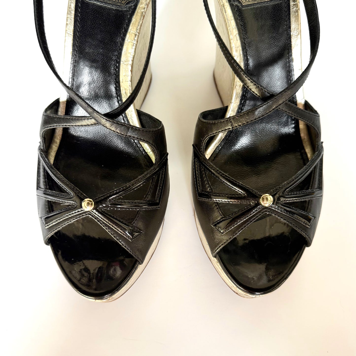 Vintage Christian Dior Black and Silver Platform Wedge Heels (39)