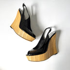 Gucci Black Patent Leather Peep Toe Raffia Platform Wedges (37.5)