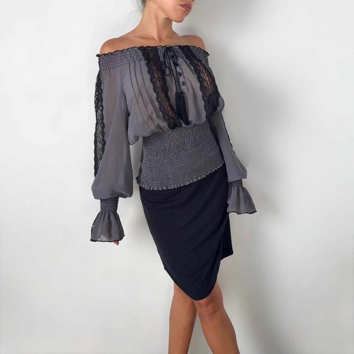 Vintage Arden B Gray Lace Smocked Corset Blouse