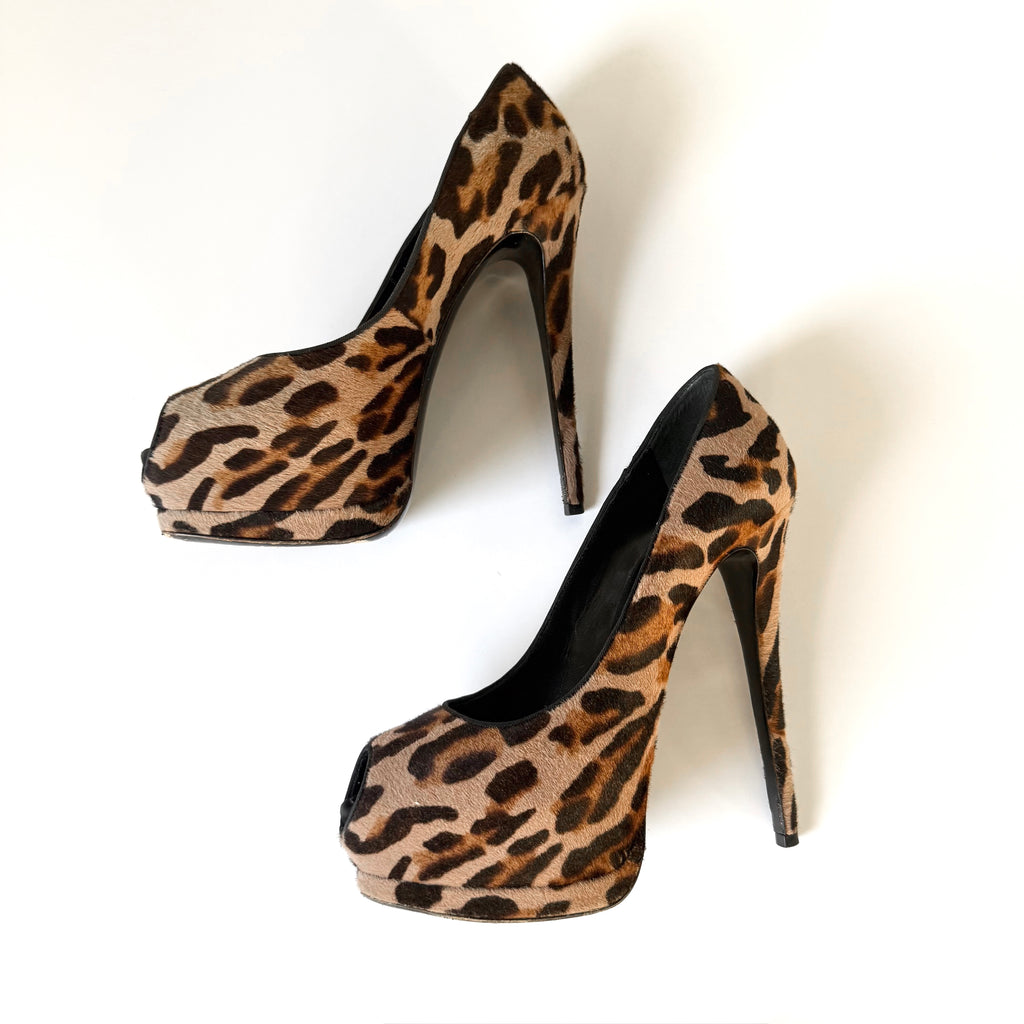 Giuseppe Zanotti Leopard Pony Hair Peep Toe Platform Heels (38.5)