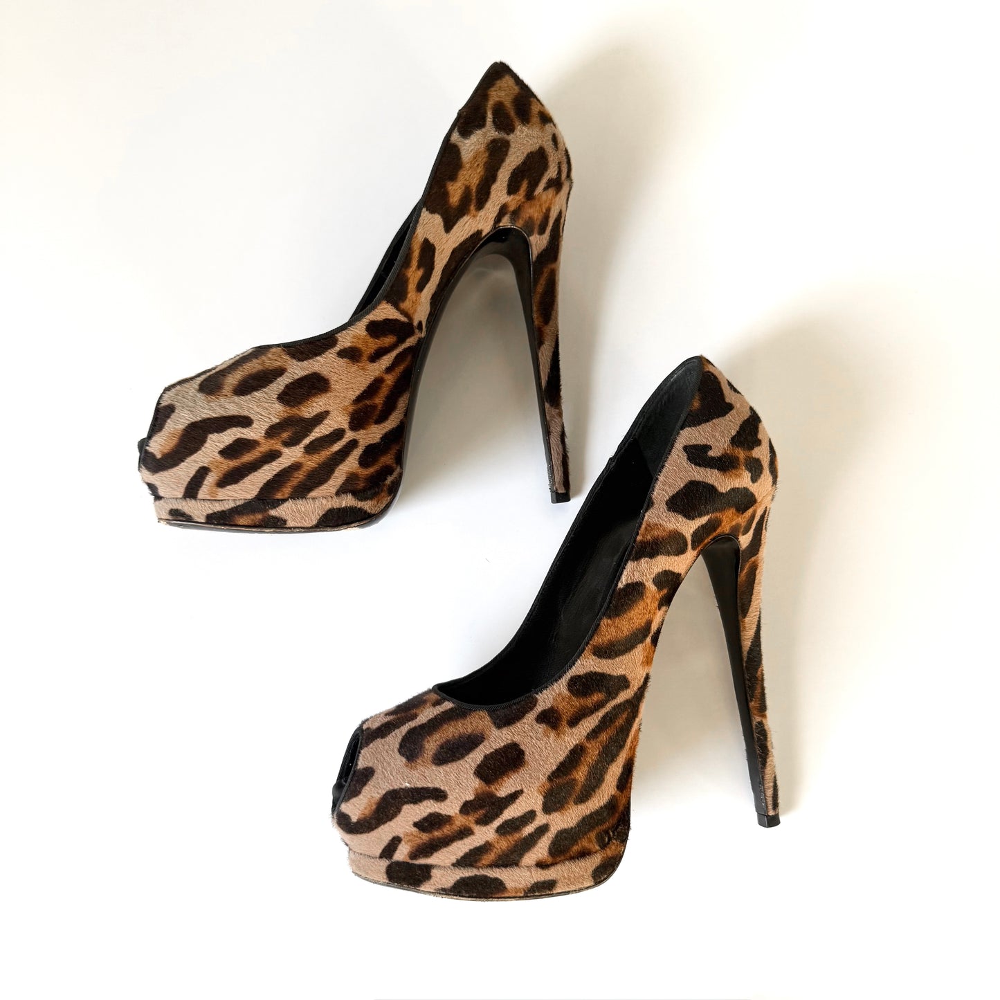 Giuseppe Zanotti Leopard Pony Hair Peep Toe Platform Heels (38.5)