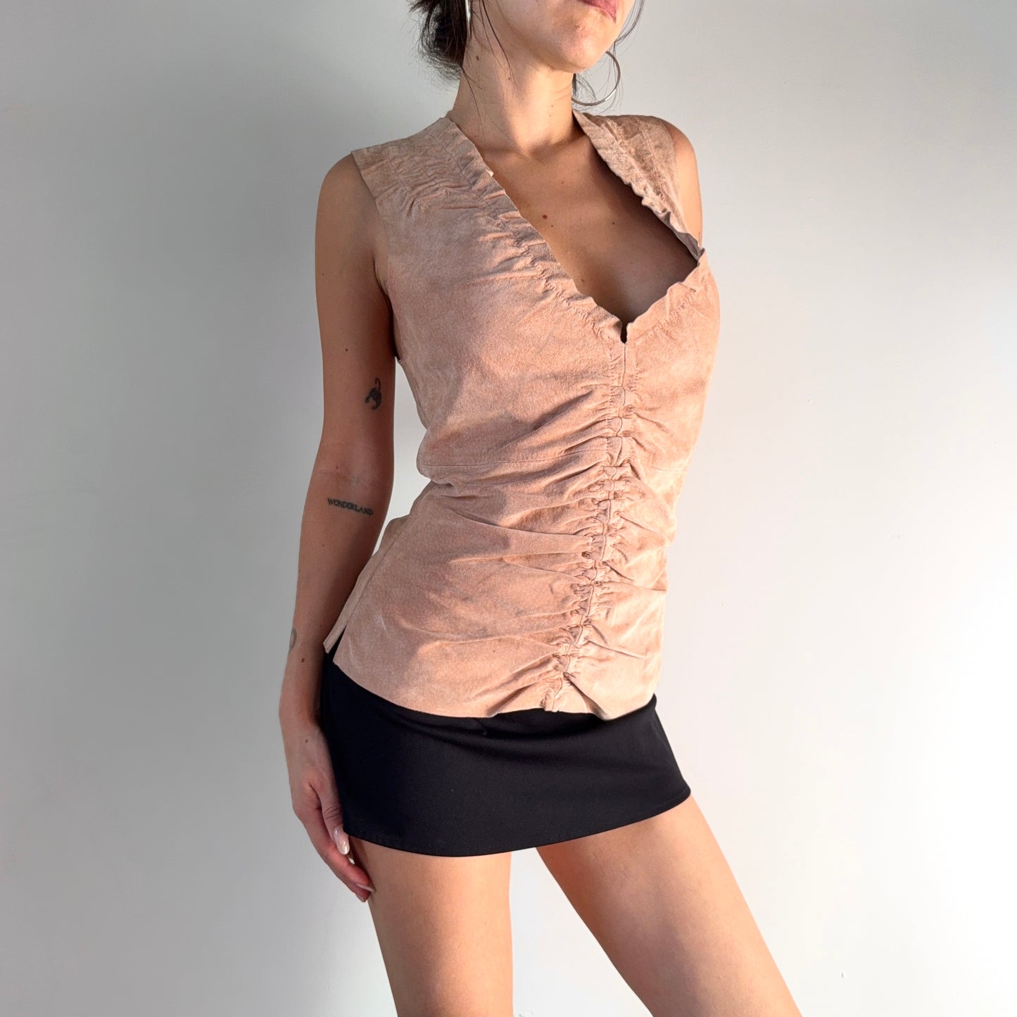 Vintage Leather Ruched V Neck Top