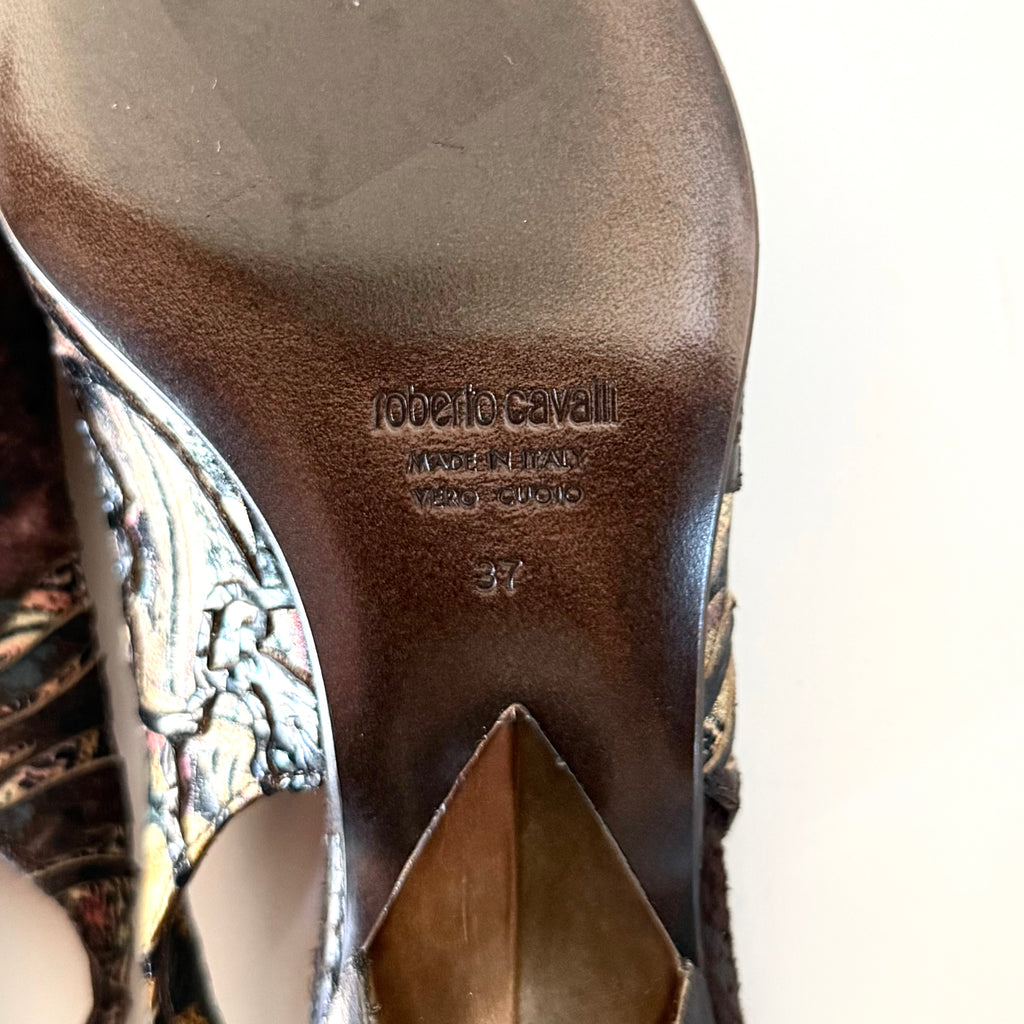 Vintage Roberto Cavalli Leopard Floral Cutout Slingback Heels (37)