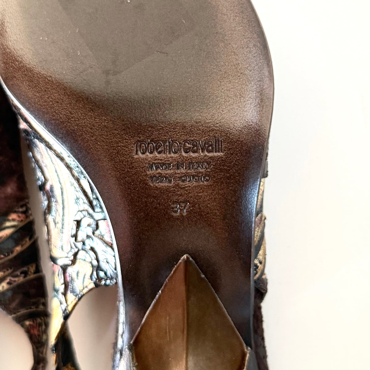Vintage Roberto Cavalli Leopard Floral Cutout Slingback Heels (37)