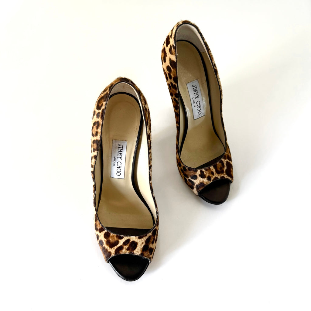 Jimmy Choo Leopard Calf Hair Peep-Toe Wedge Pumps (39)