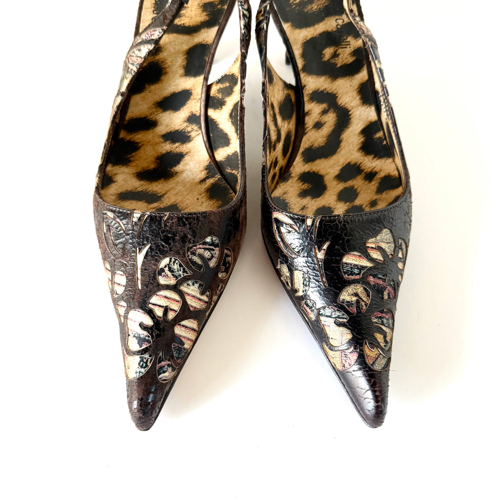 Vintage Roberto Cavalli Leopard Floral Cutout Slingback Heels (37)
