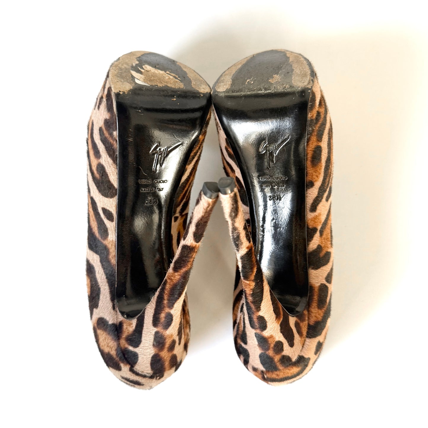 Giuseppe Zanotti Leopard Pony Hair Peep Toe Platform Heels (38.5)