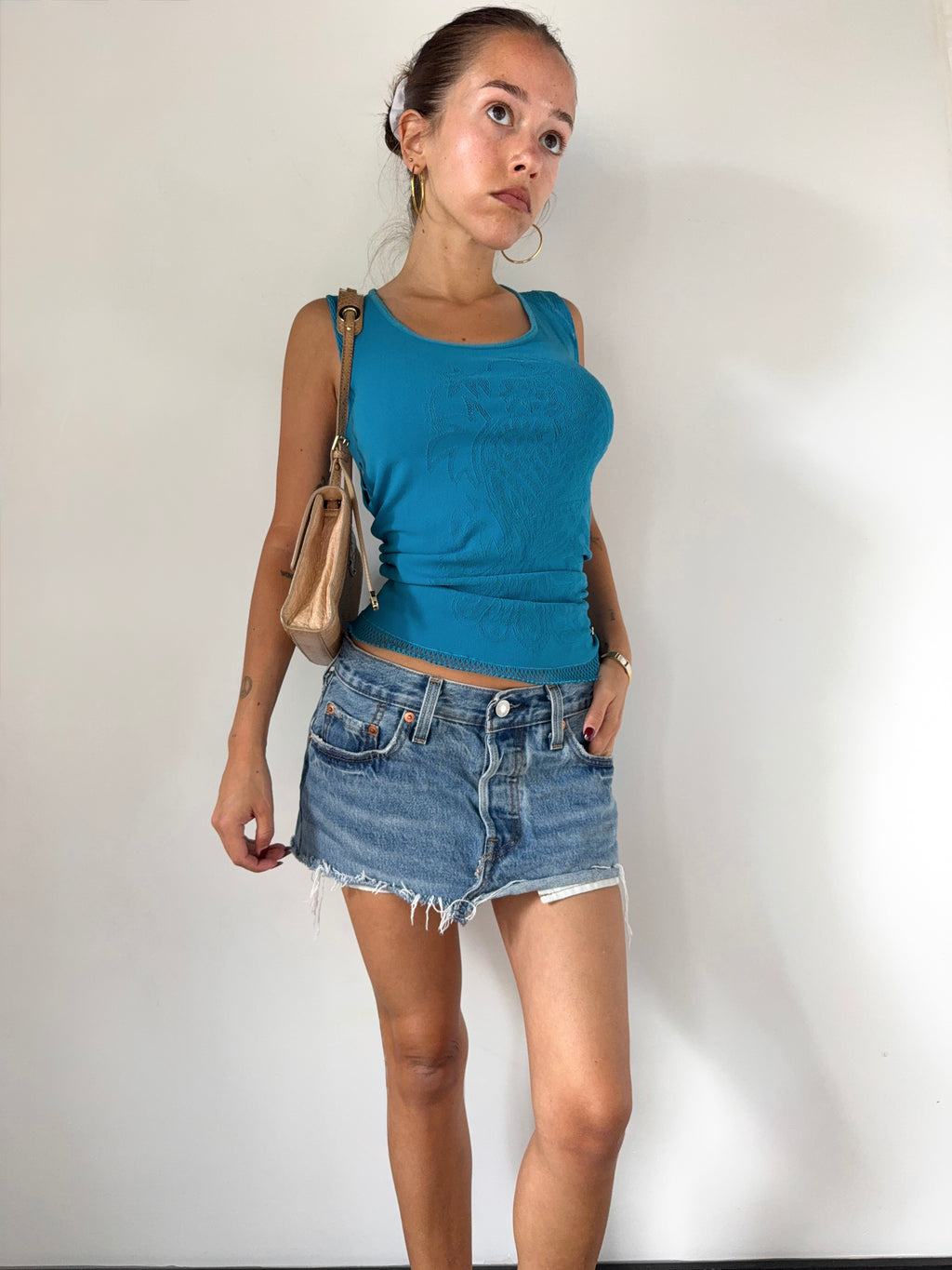 Vintage Cavalli Turqoise Mesh Embossed Tank Top