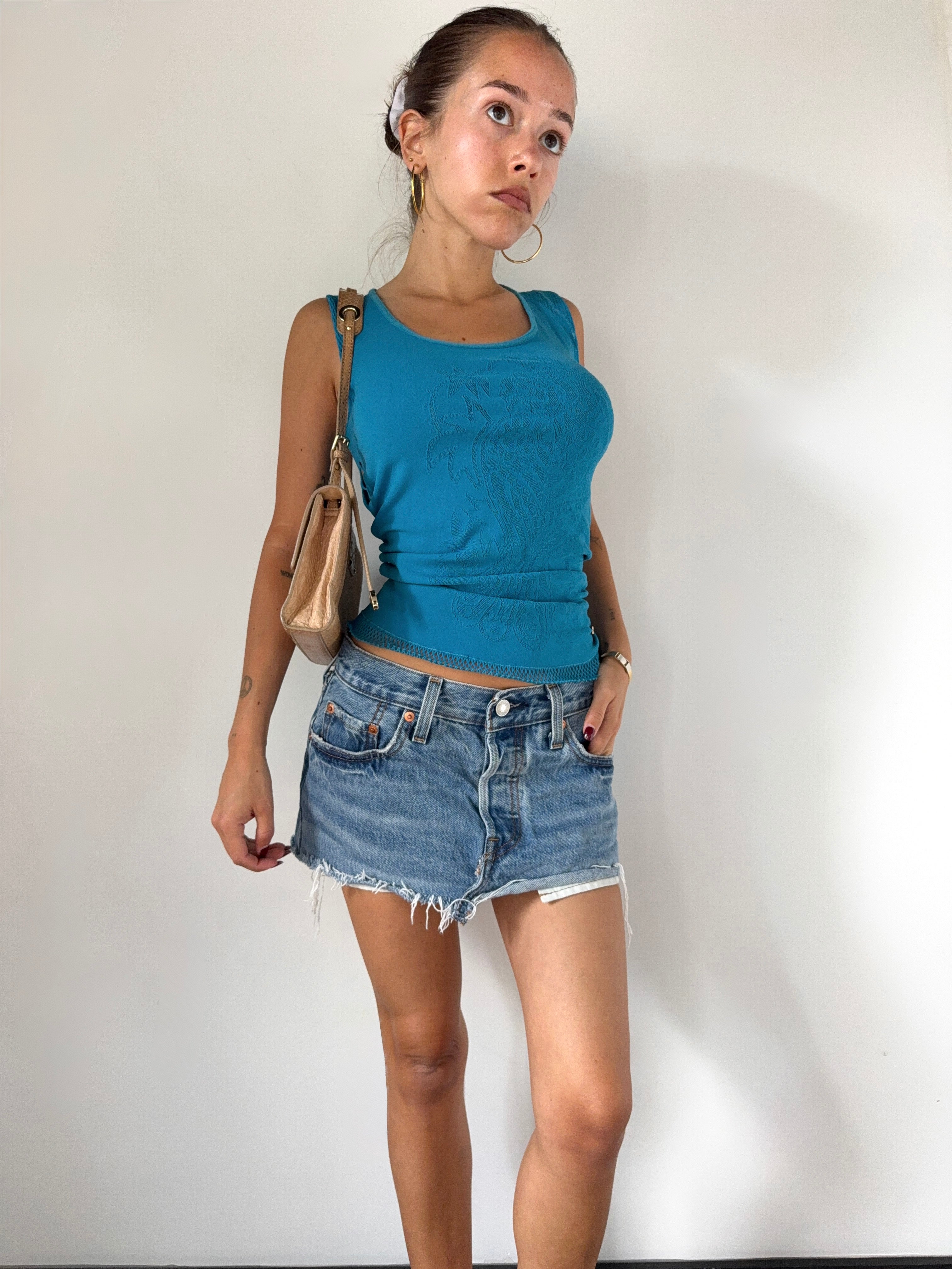 Vintage Cavalli Turqoise Mesh Embossed Tank Top