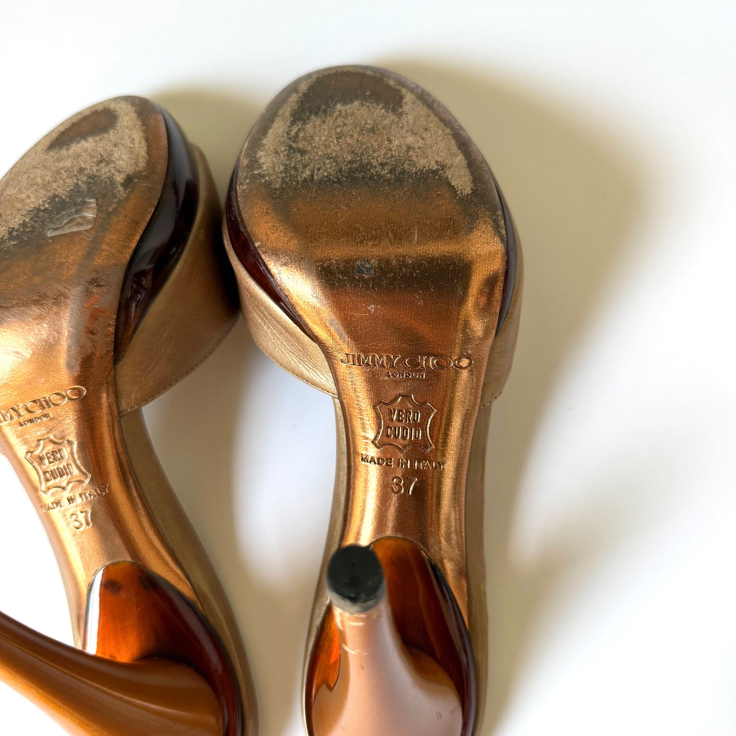 Vintage Jimmy Choo Gold Leather Sandal Heel (37)