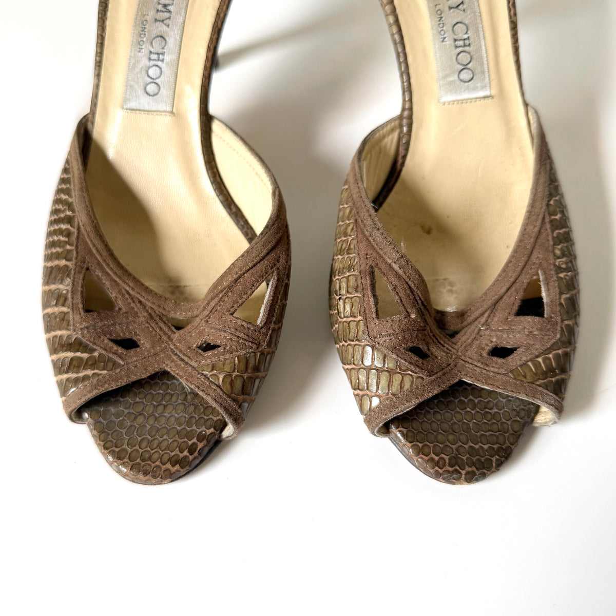 Vintage Jimmy Choo Brown Embossed Leather Mule Heels (36)