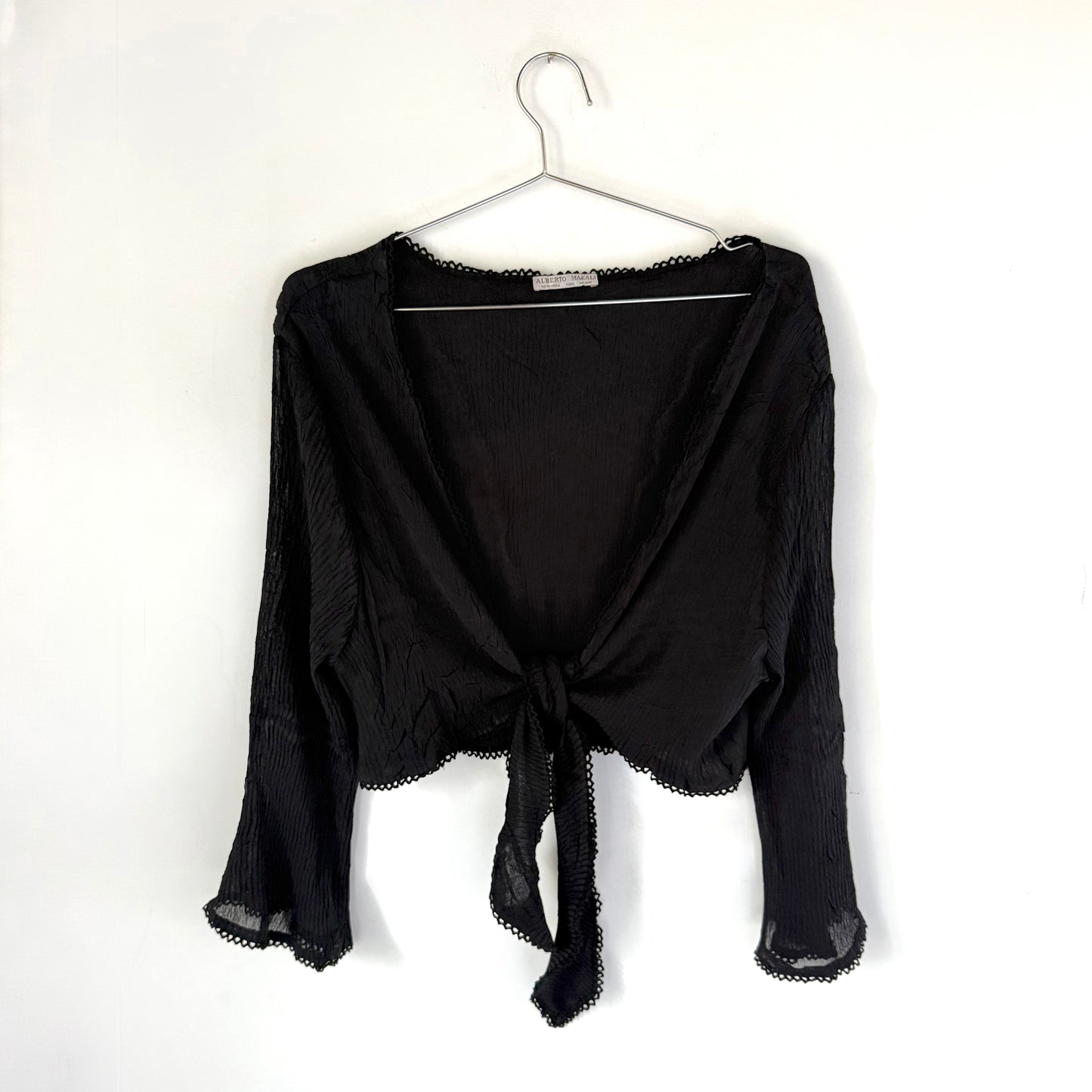 Alberto Makali Sheer Black Tie Front Bell Sleeve Top